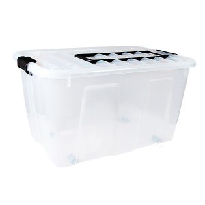 Home Box 86L storage box with wheels and handle. The container is made of translucent material and has two firm closing clips in black color.