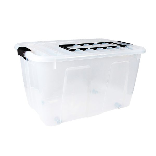 Home Box 70L storage box, translucent, wheels, handle, black firm clips, stackable