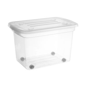 Home Box 52L storage box with wheels. The container is made of translucent material and has two firm closing clips in black color.