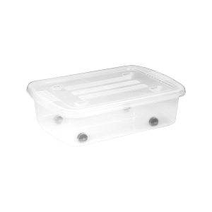 Home Box Bedroller 25L underbed storage box with wheels. The container is made of translucent material and has two firm closing hinges.