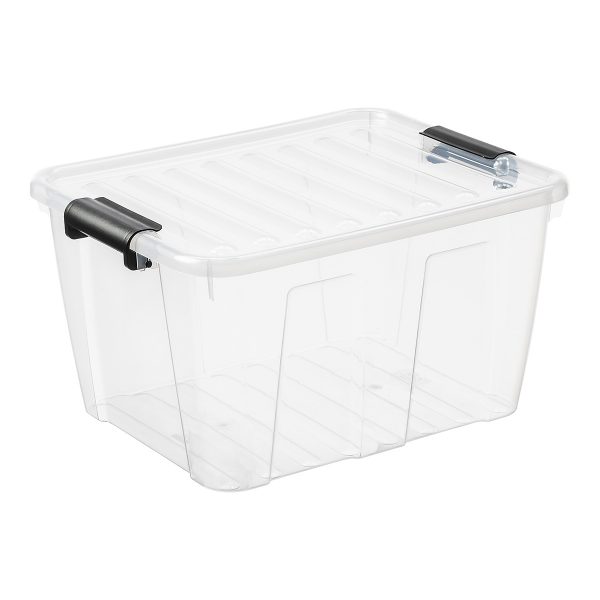 Home Box 30L storage box with a clear design, which makes it possible to identify the content of the boxes. The container has firm closing clips.