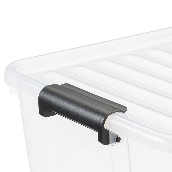 Home Box 30L storage box with a clear design. The container has two firm closing clips in black color.