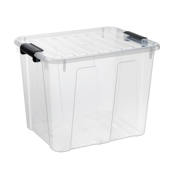 Home Box 40L storage box with a clear design, which makes it possible to identify the content of the boxes. The container has firm closing clips.