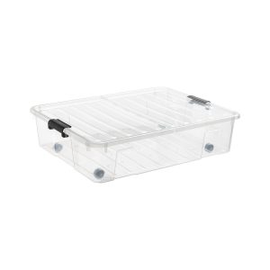 Home Box Bedroller 49L underbed storage box with wheels. The container is made of translucent material and has two firm closing hinges.