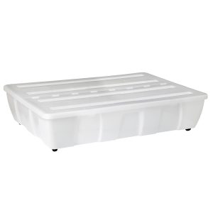 The Bedroller Easy Large 57L in a white color is a low profile container with wheels and a clicked-on lid two hinges. It fits perfectly under furniture enabling new storage spaces for larger items.