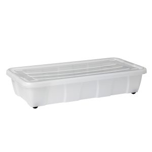 Home Box Bedroller 30L underbed storage box with wheels. The container is made of translucent material and has two firm closing hinges.