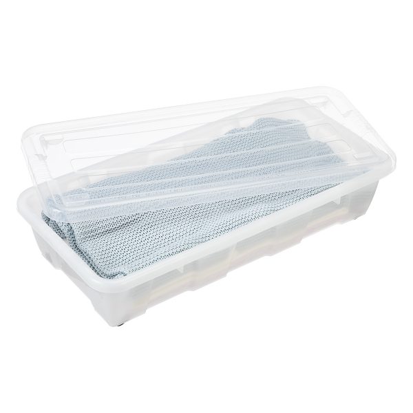 Home Box Bedroller 30L storage box made of translucent material and has wheels. Blankets and bedclothes are stored inside the box.