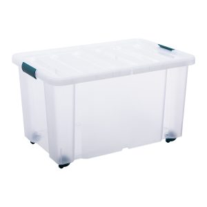 Sanshui 55L storage box has the double-sided flexible lid with clips and wheels in Shaded Spurce color. The roughed surface makes it more resistant to scratches and gives an overview what is inside without fully revealing it.