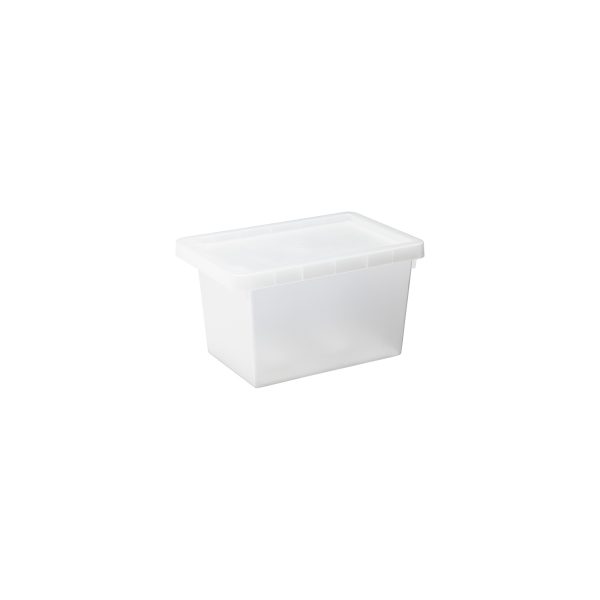 Tag Store 3L storage box with a clicked-on lid and semi-translucent surface that lets you sense but not see what is inside the box. The box come with writable tag to place on the front of the container.