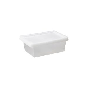 Tag Store 8L storage box with a clicked-on lid and semi-translucent surface that lets you sense but not see what is inside the box. The box come with writable tag to place on the front of the container.