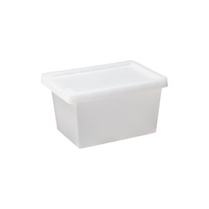 Tag Store 12L storage with a clicked-on lid and semi-translucent surface that lets you sense but not see what is inside the box. The box come with writable tag to place on the front of the container.