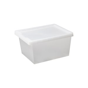Tag Store 21L storage box with a clicked-on lid and semi-translucent surface that lets you sense but not see what is inside the box. The box come with writable tag to place on the front of the container.