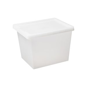 Tag Store 29L storage box with a clicked-on lid and semi-translucent surface that lets you sense but not see what is inside the box. The box come with writable tag to place on the front of the container.