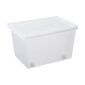 Tag Store 50L storage box with a clicked-on lid, wheels, and semi-translucent surface that lets you sense but not see what is inside the box. The box come with writable tag to place on the front of the container. Wheels help to transport the box when it is full and heavy.