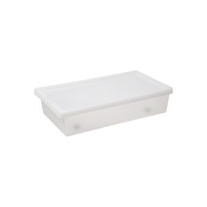 Tag Store Bedroller 50L storage box with a clicked-on lid, wheels, and semi-translucent surface that lets you sense but not see what is inside the box. The box come with writable tag to place on the front of the container. Also its low profile enables it to be placed under furniture.