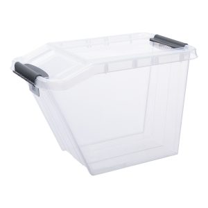 Probox Slanted 58L storage box made of translucent material. The box has a clear Scandinavian design. It is part of premium series of stackable storage solutions.