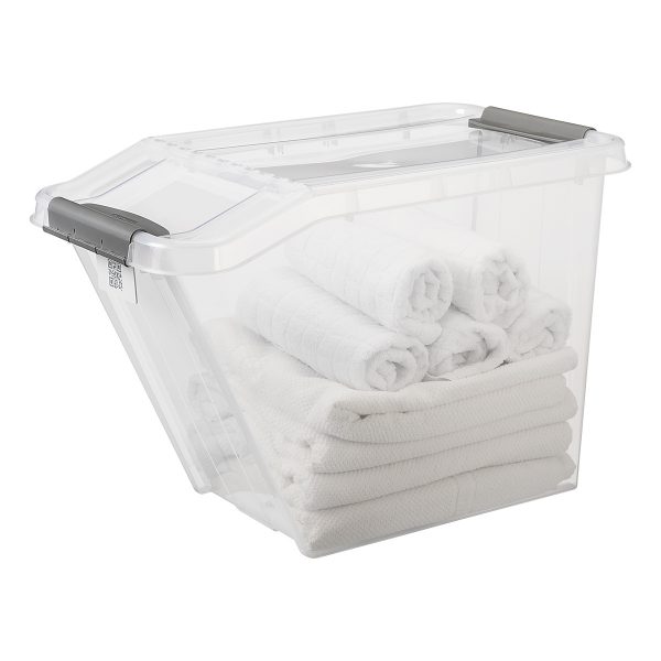 Probox Slanted 58L storage box made of translucent material. It is part of premium series of stackable storage solutions with a modern design. Box has towels inside.