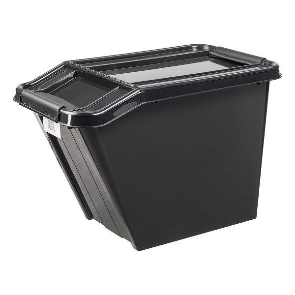 Probox Slanted 58L storage box made of black, post-consumer material. It is part of premium series of stackable storage solutions.