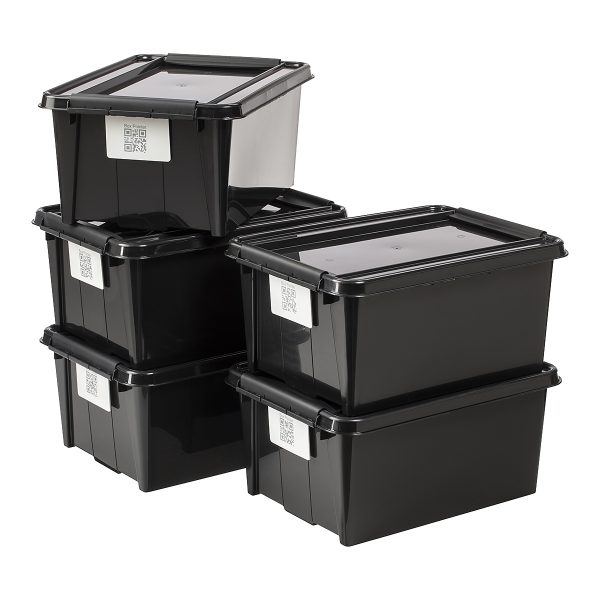 Value pack of five 14L Proboxes. Probox is series of premium storage boxes. They are stackable and made of black, post-consumer material. All boxes are equipped with QR codes compatible with the BoxPointer app.