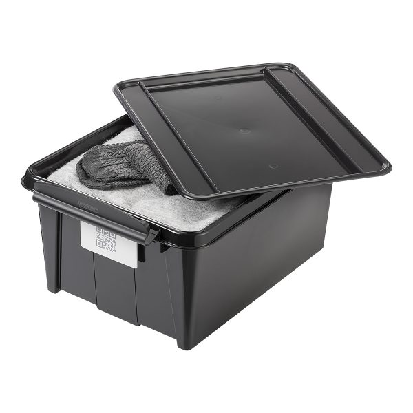 Probox 14L storage box made of black, post-consumer material. The lid is closed with two strong clips. The box has clothes inside. It is part of premium series of stackable storage solutions.