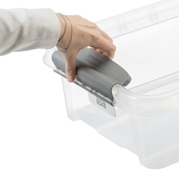 Probox 14L storage box made of translucent material. It is part of premium series of stackable storage solutions. The lid is closed with two strong clips.