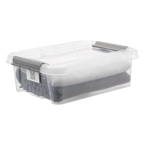 Probox 21L storage box made of translucent material. It is part of premium series of stackable storage solutions with a modern design. Box has some clothes inside.