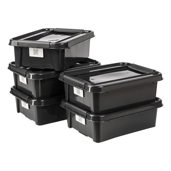 Value pack of five 21L Proboxes. Probox is series of premium storage boxes. They are stackable and made of black, post-consumer material. All boxes are equipped with QR codes compatible with the BoxPointer app.