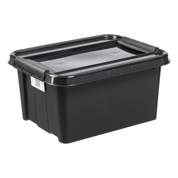 Probox 32L storage box made of black, post-consumer material material. It is part of premium series of stackable storage solutions.