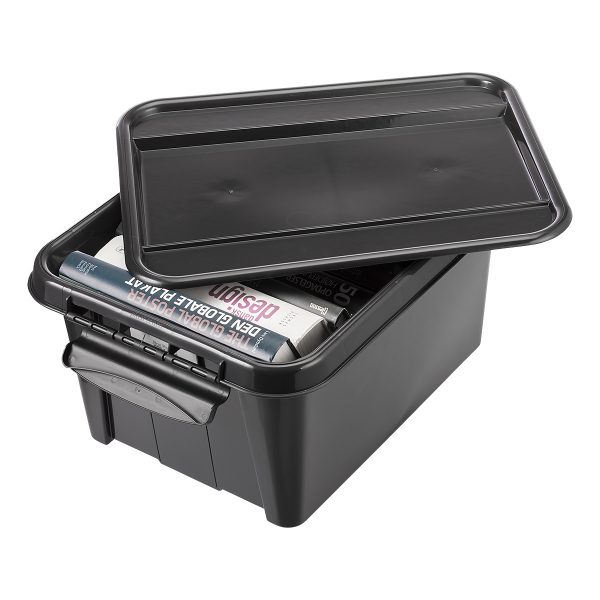 Probox 32L storage box made of black, post-consumer material material. Box has books inside. It is part of premium series of stackable storage solutions with a modern design.