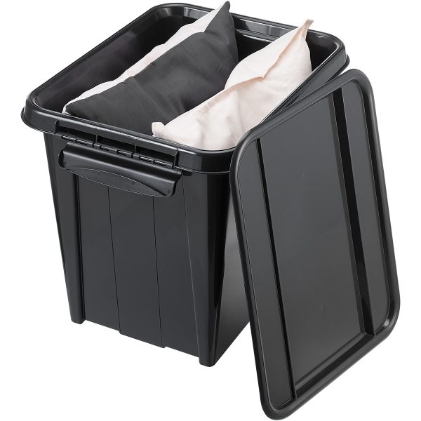 Probox Recycle 53L storage box made of black, post-consumer material. Box has bedding inside. It is part of premium series of stackable storage solutions with a modern design.