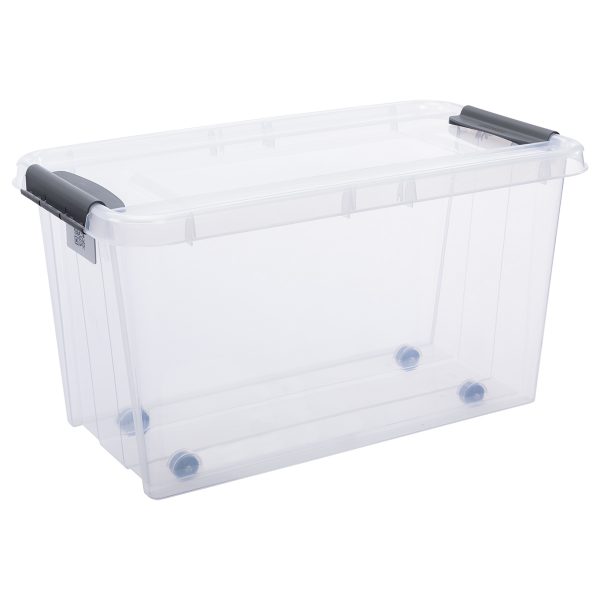 Probox 70L storage box made of translucent material. It is part of premium series of stackable storage solutions. Container has wheels for easy transport.