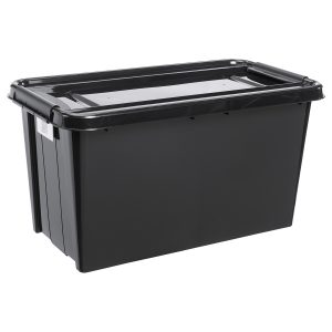 Probox Recycle 70L storage box made of black post-consumer material. The lid is closed with two strong clips. It is part of premium series of stackable storage solutions.