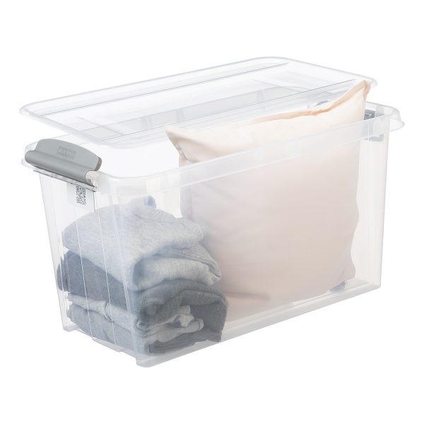 Probox 70L storage box made of translucent material. It is part of premium series of stackable storage solutions with a modern design. Box has towels and bedding inside.