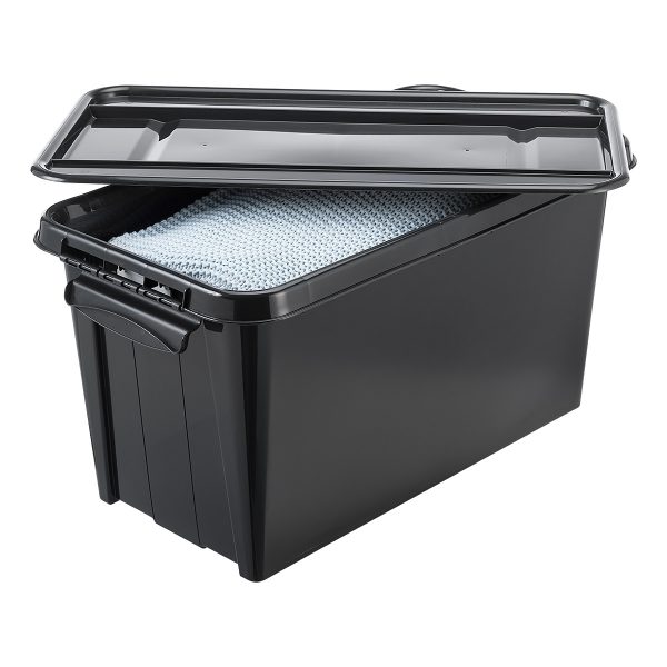 Probox Recycle 70L storage box made of black post-consumer material. Box has towels and bedding inside. It is part of premium series of stackable storage solutions with a modern design.