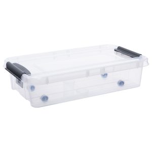 Probox Bedroller 31L storage box made of translucent material. It is part of premium series providing stackable storage solutions. The lid is closed with two strong clips.
