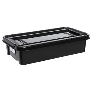 Probox Recycle Bedroller 31L storage box made of black post-consumer material. It is part of premium series providing stackable storage solutions. The lid is closed with two strong clips.