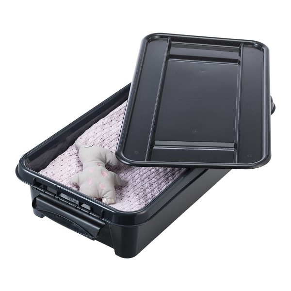 Probox Recycle Bedroller 31L storage box made of black post-consumer material. Box has blankets and toys inside. It is part of premium series of stackable storage solutions with a modern design.