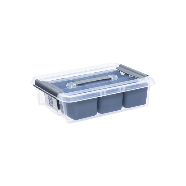 Probox DIY 8L set of storage box made of translucent material and inserts ideal to store small hobby items. It is part of premium series of stackable storage solutions. The lid is closed with two strong clips.