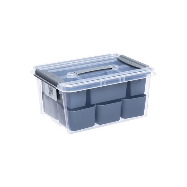 Probox DIY 14L set of storage box made of translucent material and inserts ideal to store small hobby items. It is part of premium series of stackable storage solutions. The lid is closed with two strong clips.