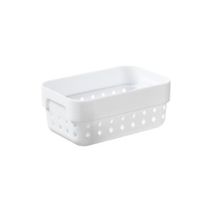 A small storage organizer is made of white plastic with a modern, elegant design.