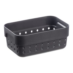 A small storage organizer is made of black recycled plastic with a modern, elegant design.