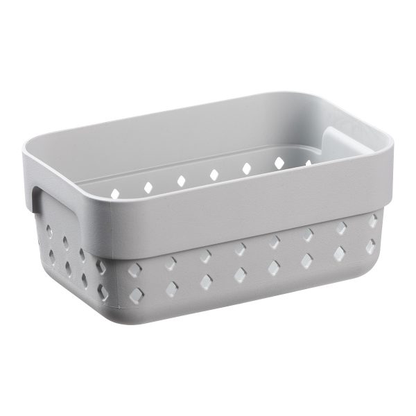 A small storage organizer is made of grey recycled plastic with a modern, elegant design.