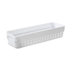 A medium storage organizer is made of white plastic with a modern, elegant design.