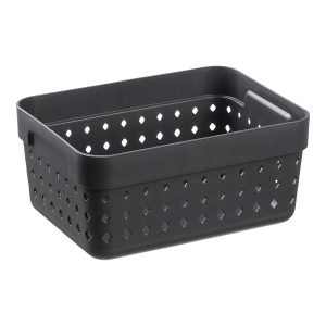 A large storage organizer is made of black recycled plastic with a modern, elegant design.