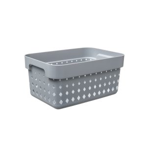 A small storage basket is made of plastic in a Tradewinds color with a modern, elegant design.
