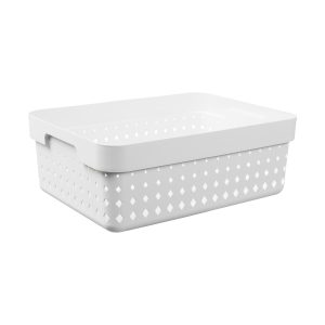 A medium storage basket is made of white plastic with a modern, elegant design.