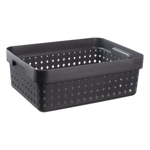 A medium storage basket is made of black, recycled plastic with a modern and elegant design.