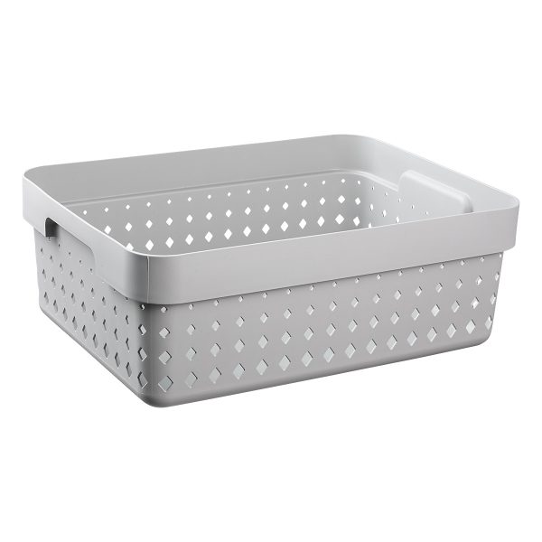 A medium storage basket is made of grey, recycled plastic with a modern and elegant design.