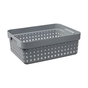 A medium storage basket is made of plastic in a Tradewinds color with a modern, elegant design.