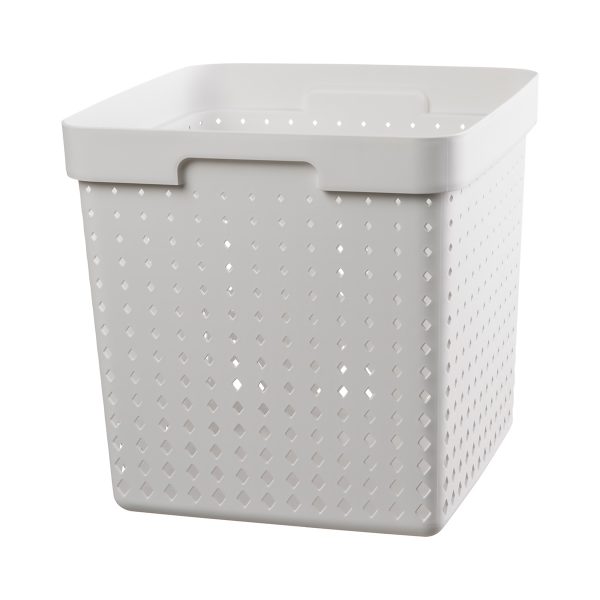 An extra large storage basket is made of white plastic with a modern, elegant design.